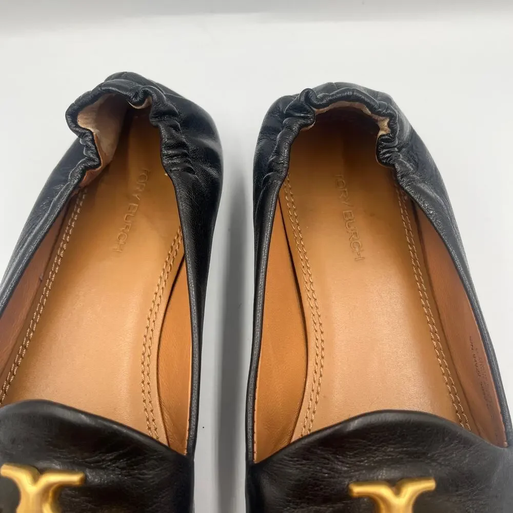 Tory Burch Loafers Flats Shoes Eleanor Double T Logo Leather Black Size 6.5M